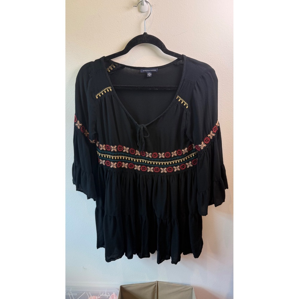 American Eagle Embroidered Boho Peasant Top Black Tiered Bell Sleeve Blouse S